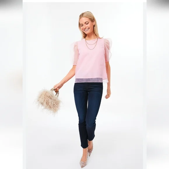 NWT TUCKERNUCK'S HYACINTH HOUSE TULLE SLEEVE ROURKE BLOUSE XL BUBBLEGUM PINK - Picture 2 of 6